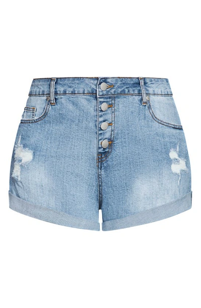 City Chic Distressed Cuff Denim Shorts In Light Denim