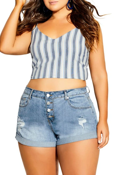 City Chic Distressed Cuff Denim Shorts In Light Denim