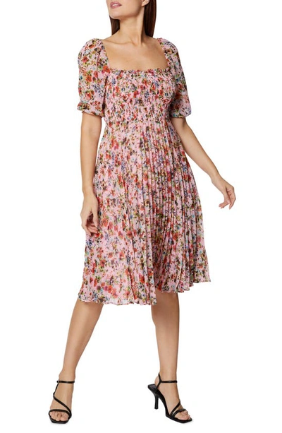 Shop Bcbgeneration Puff Sleeve Pleated Midi Dress In Watercolor Wildflowers