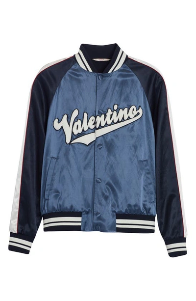 Shop Valentino Embroidered Logo Satin Bomber Jacket In Avorio/ Dark Ciano/ Navy