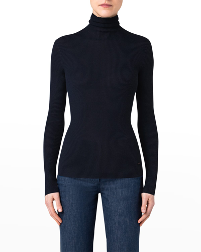 Shop Akris Seamless Turtleneck Wool-silk Sweater In Dark Navy