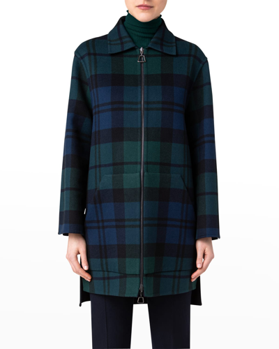 Shop Akris Reversible Double-face Check Wool Short Coat In Gallus Green-navy