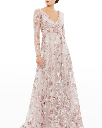 Shop Mac Duggal Long-sleeve Floral Embroidered A-line Gown In Rose