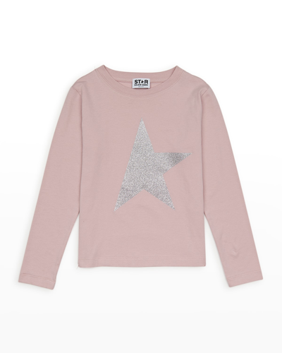 Shop Golden Goose Girl's Long-sleeve Star T-shirt In Pinksilver