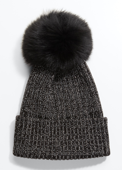 Shop Gorski Metallic Knit Beanie W/ Fox Pompom In Blacksilverblack