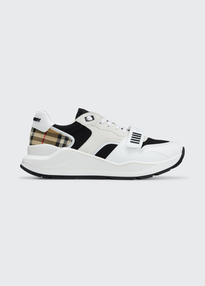 Shop Burberry Men's Ramsey M Story 42 Vintage Check Leather Sneakers In Black / White