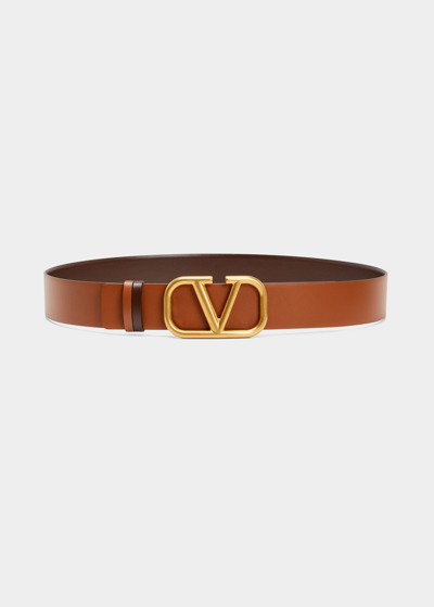 Shop Valentino Men's Reversible V-logo Leather Belt In Brown