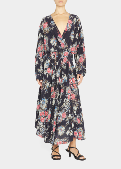 Shop Iro Aleyna Floral Long-sleeve Maxi Wrap Dress In Black Multico