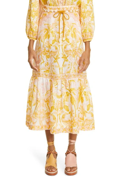 Shop Zimmermann Palm Print Tiered Linen Midi Skirt In Yellow Palm