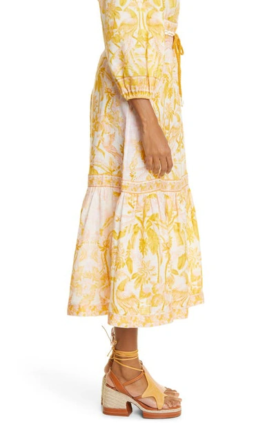 Shop Zimmermann Palm Print Tiered Linen Midi Skirt In Yellow Palm