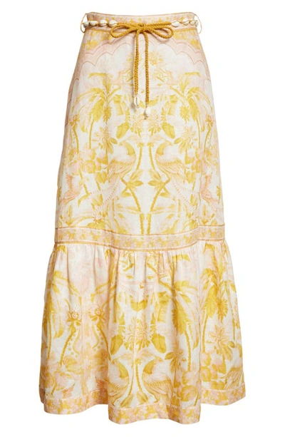 Shop Zimmermann Palm Print Tiered Linen Midi Skirt In Yellow Palm