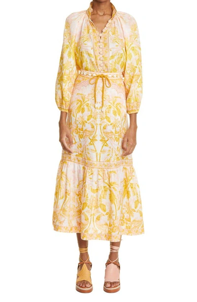 Shop Zimmermann Palm Print Tiered Linen Midi Skirt In Yellow Palm