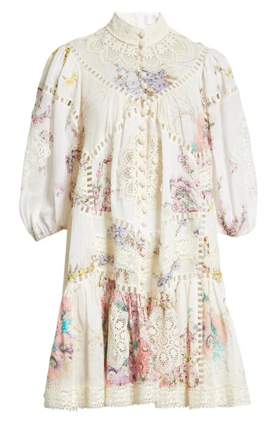 Shop Zimmermann Floral Print & Lace Babydoll Dress In Spliced