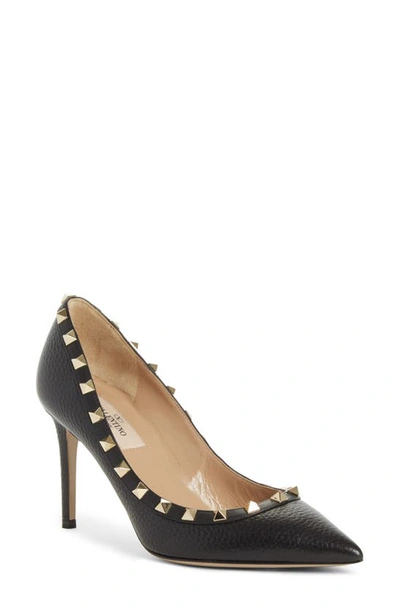 Shop Valentino Rockstud Pointed Toe Pump In Black Pebbeled Leather