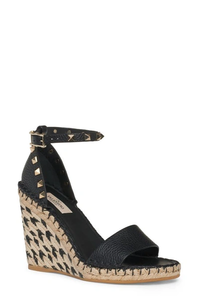 Shop Valentino Rockstud Espadrille Wedge Sandal In Nero