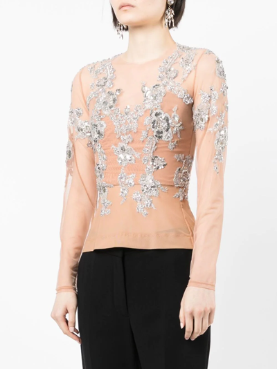 Shop Zuhair Murad Sequinned Floral-lace Top In Pink