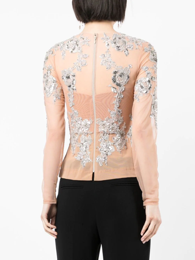 Shop Zuhair Murad Sequinned Floral-lace Top In Pink