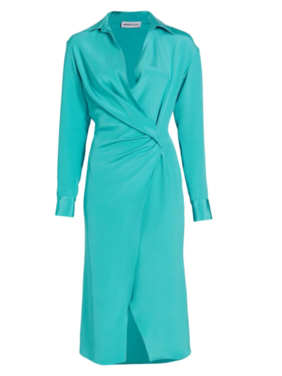 Shop Adriana Iglesias Women's Naya Collared Gathered Silk Dress In Aqua