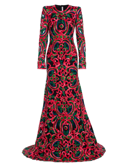 Shop Naeem Khan Cashmere Ribbon-embroidered Gown In Black Multi