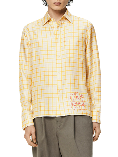 Shop Loewe Anagram Stamp Check Shirt In Silk And Cotton In Yellow & Orange