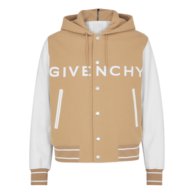 Shop Givenchy Camel Logo Wool-blend Varsity Jacket In White