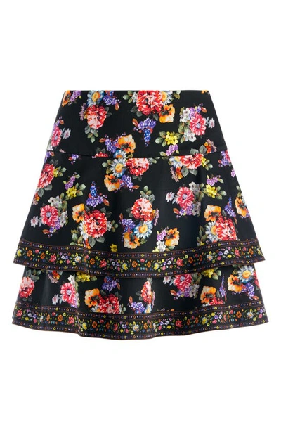 Shop Alice And Olivia Marvis Floral Print Tiered Stretch Cotton Miniskirt In Magnolia Floral Black/ Multi
