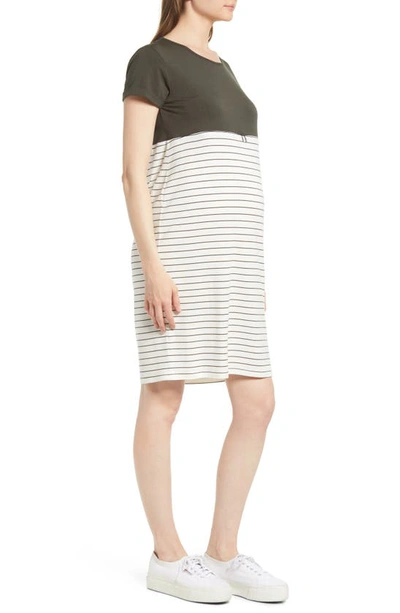 Angel Maternity Stripe Maternity/nursing Nightgown In Khaki