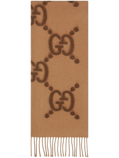 Shop Gucci Gg Logo Wool Scarf In Brown
