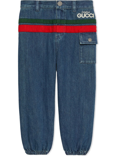 Shop Gucci Embroidered-logo Tapered Jeans In Blue