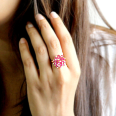 Pre-owned Archariel Natural Flower Ruby Diamond Statement Ring 18kt Solid Yellow Gold 3d Look Ring In Red