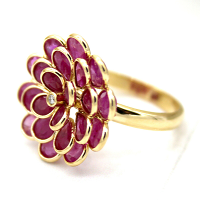 Pre-owned Archariel Natural Flower Ruby Diamond Statement Ring 18kt Solid Yellow Gold 3d Look Ring In Red