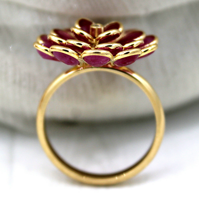 Pre-owned Archariel Natural Flower Ruby Diamond Statement Ring 18kt Solid Yellow Gold 3d Look Ring In Red