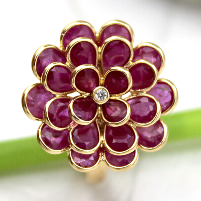 Pre-owned Archariel Natural Flower Ruby Diamond Statement Ring 18kt Solid Yellow Gold 3d Look Ring In Red