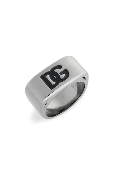 Shop Dolce & Gabbana Dg Logo Embossed Signet Ring In Ruthenium