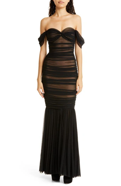 Shop Norma Kamali Walter Ruched Off The Shoulder Fishtail Gown In Black