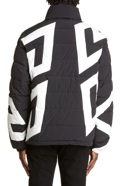 Shop Versace Grecca Print Quilted Down Jacket In Black/ White