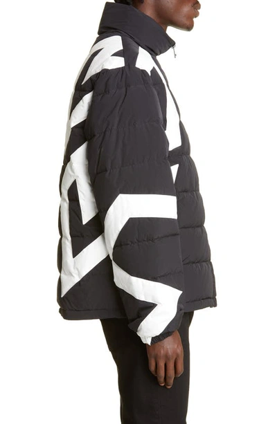 Shop Versace Grecca Print Quilted Down Jacket In Black/ White