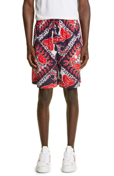 Shop Valentino Bandana Print Silk Bermuda Shorts In St. Bandana Bianco/ Blu/ Rosso