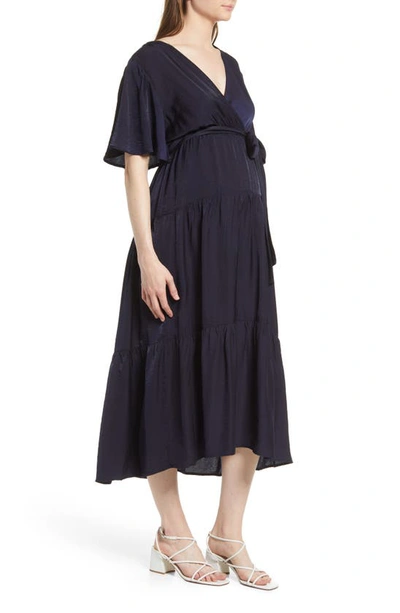 Shop Angel Maternity Crossover Faux Wrap Maternity Dress In Navy