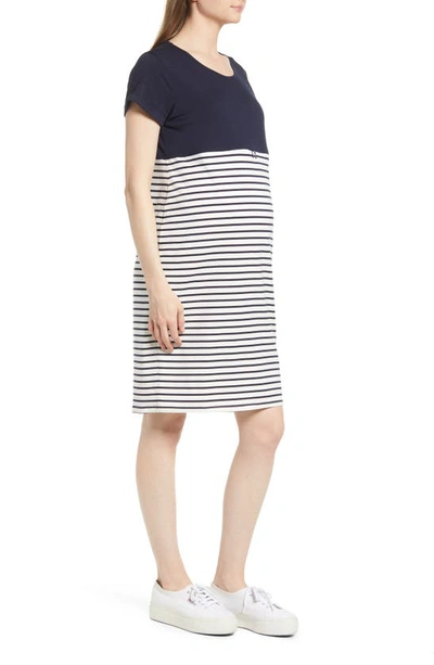 Angel Maternity Stripe Maternity/nursing Nightgown In Navy