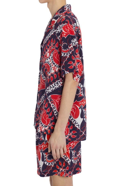 Shop Valentino Bandana Print Silk Bowling Shirt In St. Bandana Bianco/ Blu/ Rosso