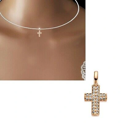 Pre-owned Echtschmuck Kleiner Ketten-halsreif-anhänger Kreuz 585 Echt Gold Roségold Diamanten 14 Karat