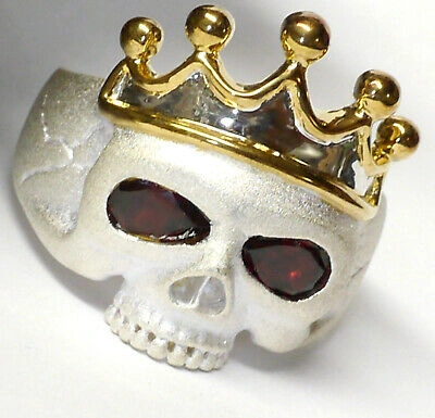 Pre-owned Dr.skul Skullring 925 Silber Granat Herrenring Dr. Skull King Totenkopf Teilvergoldet