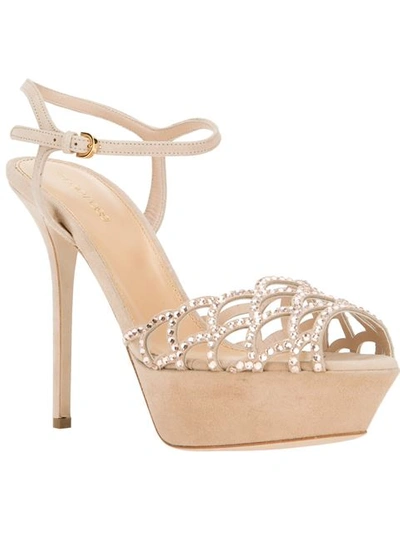 Sergio Rossi Scalloped Crystal T-strap Platform Sandal In Nude