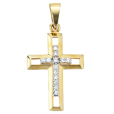 Pre-owned Jobo Kreuzanhänger, Goldkreuz, 333 Gold, 13 Zirkonia, H Ca. 23 Mm, Ca. 1,6 Gramm