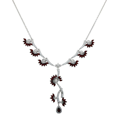 Pre-owned Silberstar Blumenkette Collier 925 Silber Rhodiniert Granat Stein Rot Zirkonia Weiss Damen