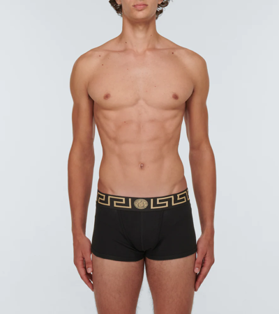 Shop Versace Set Of 3 La Greca Cotton-blend Boxer Briefs In Black