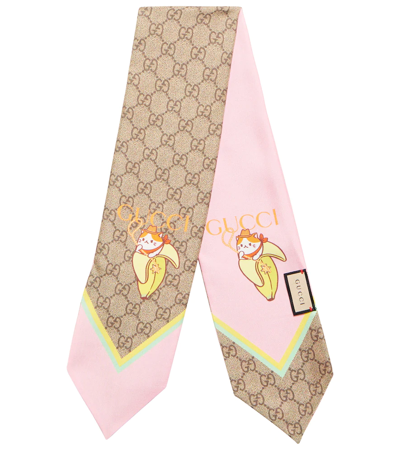 Shop Gucci X Bananya© Printed Silk Scarf In Pink