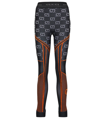 Shop Gucci Gg Jersey Jacquard Leggings In Black/orange