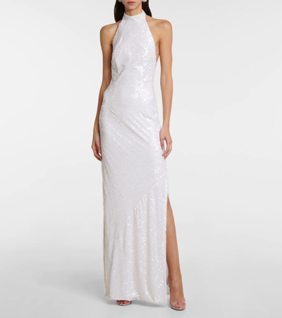 Shop Galvan Sequined Halterneck Gown In White